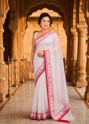 White and red Muslin Embroidary Saree