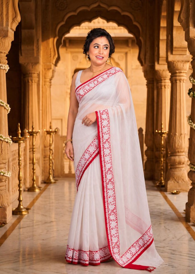 White and red Muslin Embroidary Saree